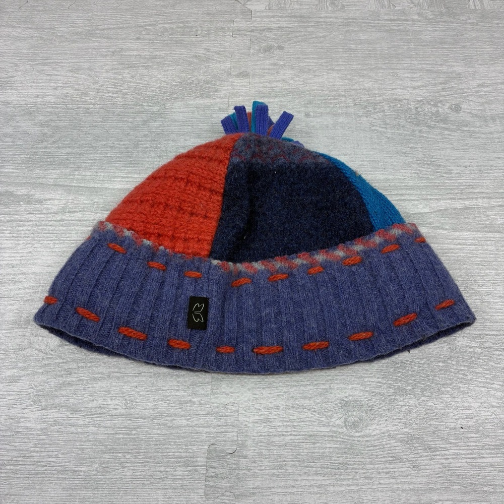 Vintage Patchwork Beanie Hat Women's Blue Red Orange Knit Tassel Lined Large